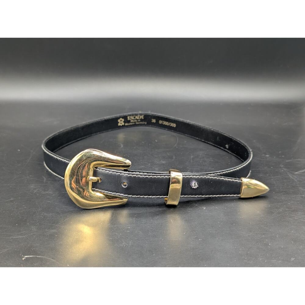 Vintage ESCADA Western Germany Black Leather Belt Solid Brass Buckle Size 36